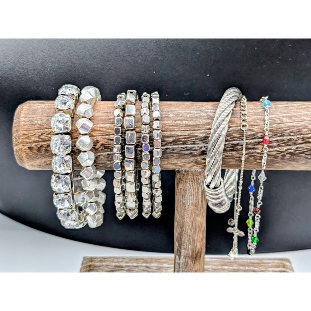 Lot of Nine Silver Tone Stretch Cuff & Beaded Chain Bracelets
